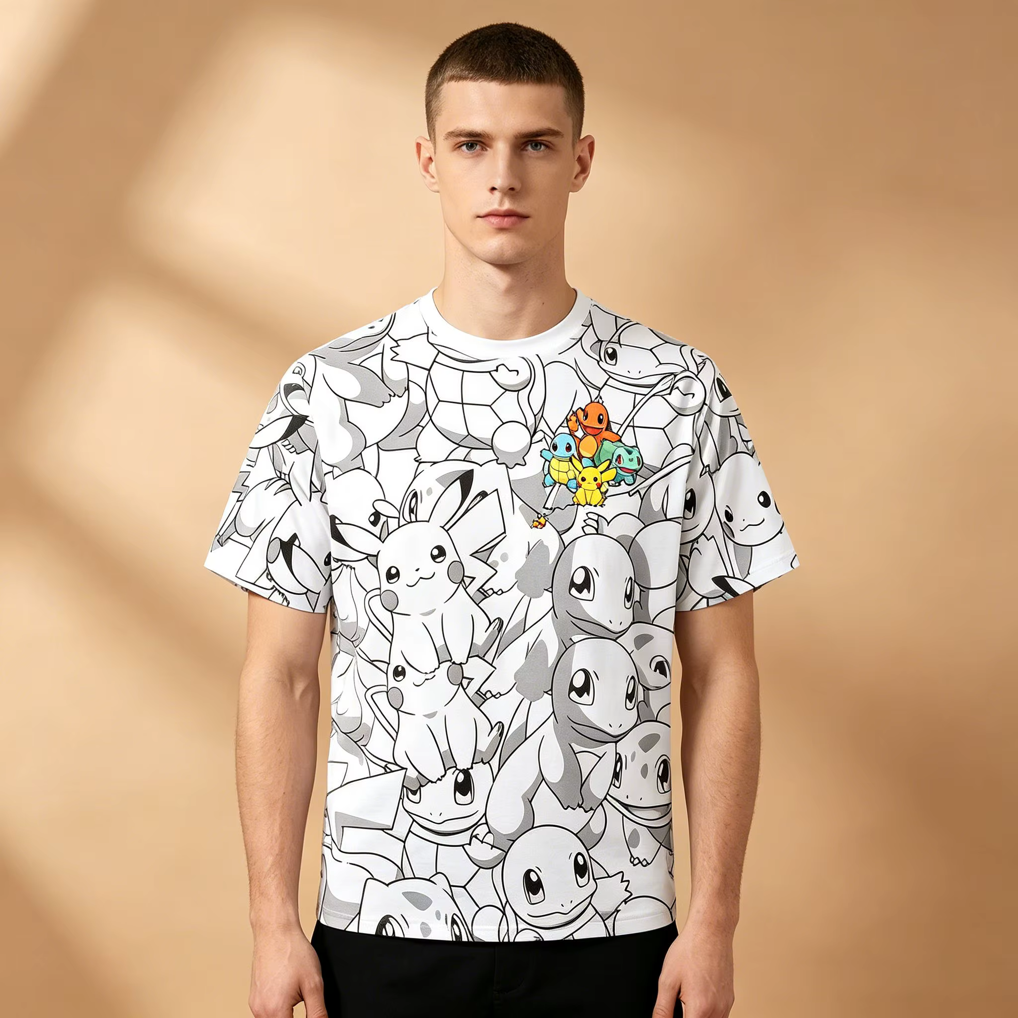 T-shirt à manches courtes pour hommes, imprimé Pokemon Starter Sketch, noir et blanc, Pikachu Charma