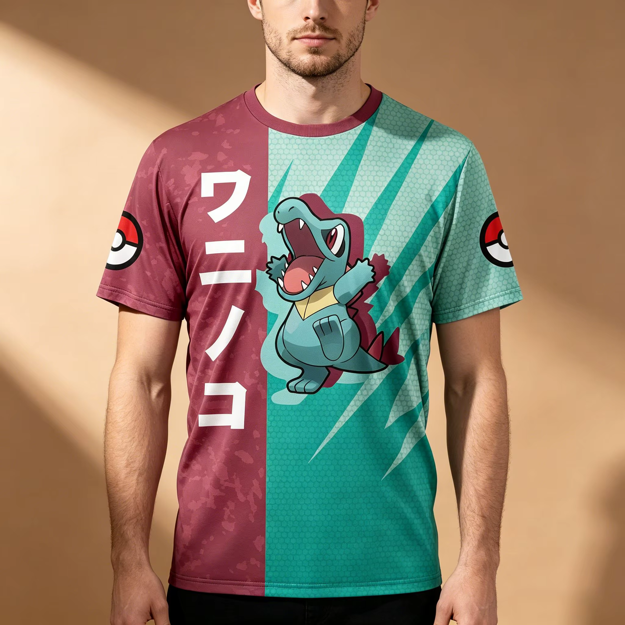 T-shirt à manches courtes pour hommes, imprimé Pokemon Totodile Split Color, bordeaux et vert sarcel