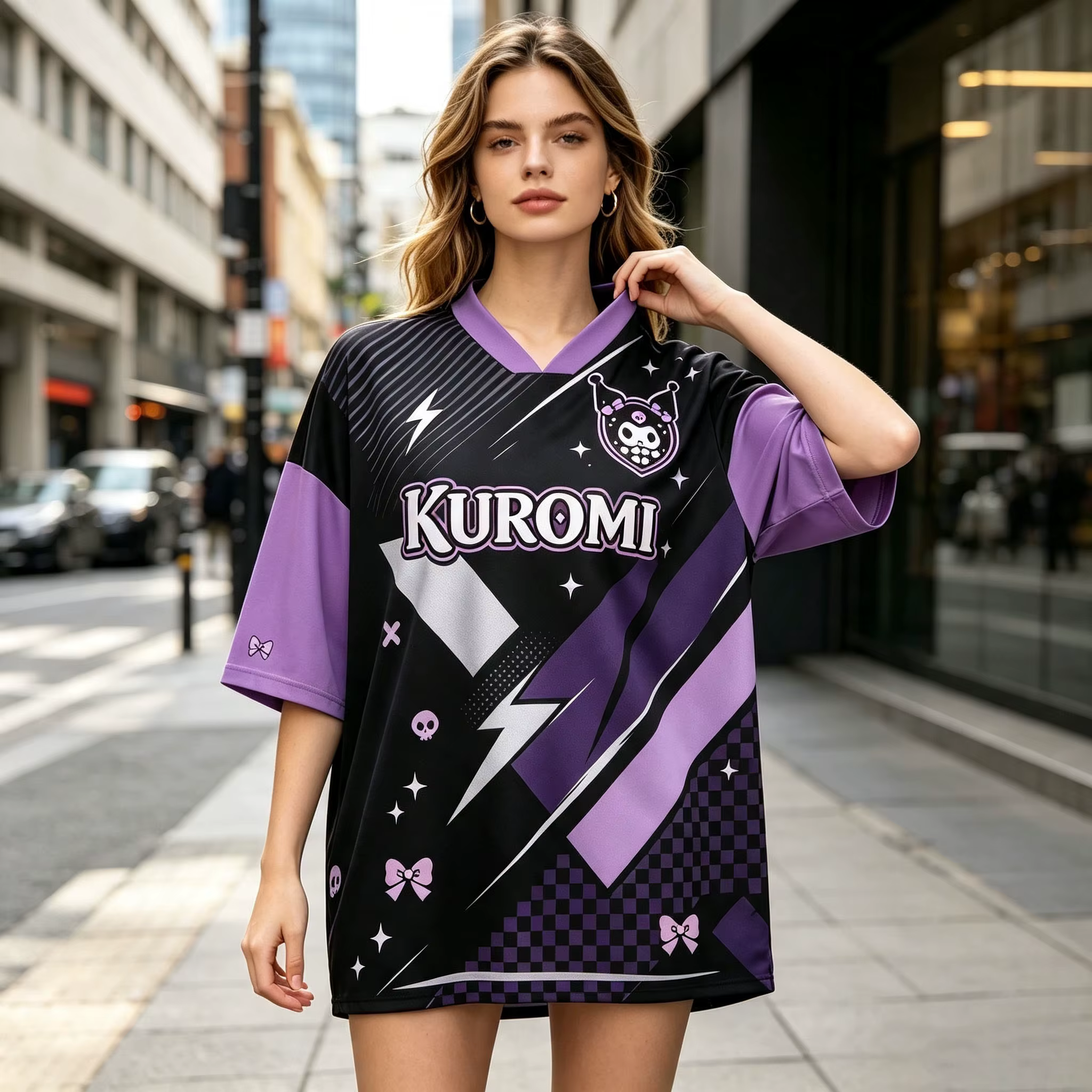 Maillot de football surdimensionné Kuromi pour femme, chemise à manches courtes bicolore noir-violet
