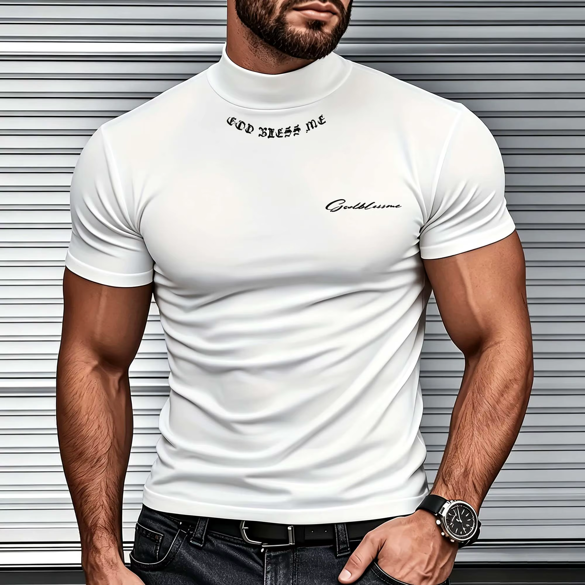 T-shirt homme à col montant et manches courtes, imprimé lettres cursives gothiques, coupe ajustée, e