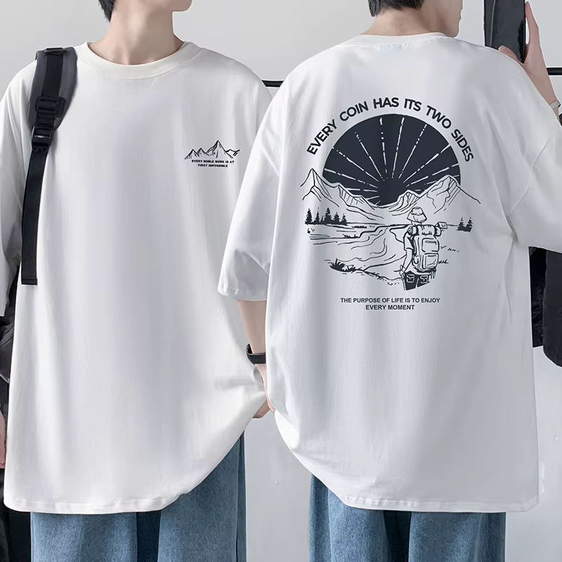T-shirt à manches mi-longues imprimé tendance pour hommes, 100% coton, été, ample, boîte tropicale, 