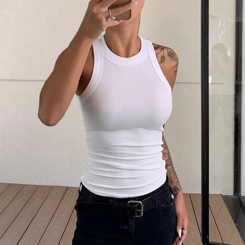 Femmes solide col rond côtelé débardeur été basique élastique débardeurs Camisole Chic mode sans man