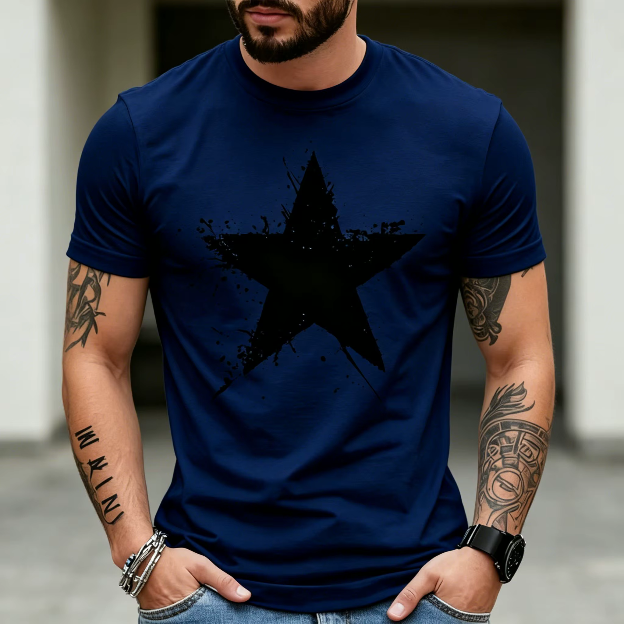 T-shirt pour homme en coton doux, bleu marine uni, col rond, imprimé graphique étoile à effet d'encr