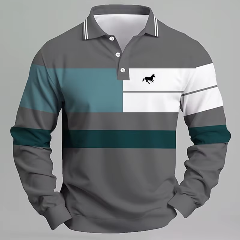 Polo avec logo licorne imprimé rayé pour hommes – T-shirt décontracté à manches longues, coupe régul