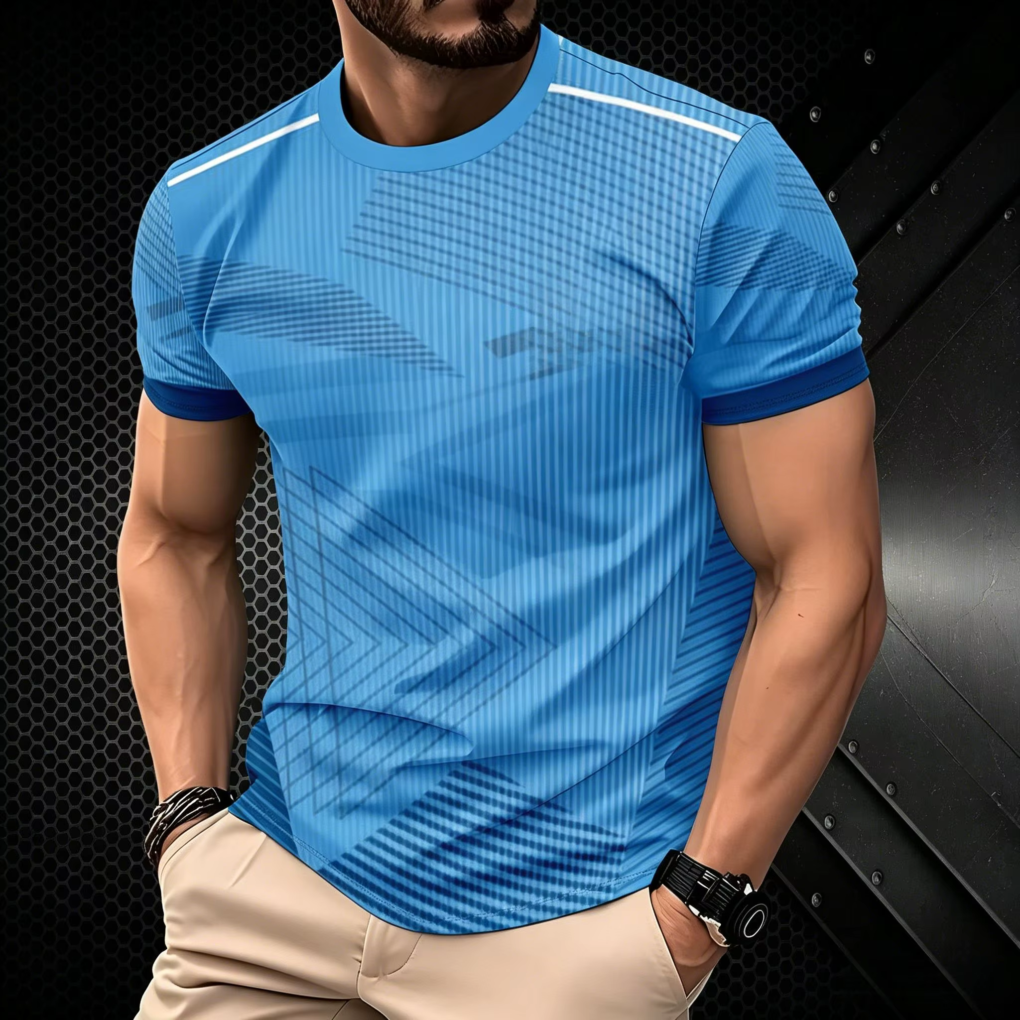 T-shirt de sport athlétique pour homme, bleu clair dégradé, imprimé lignes géométriques, séchage rap