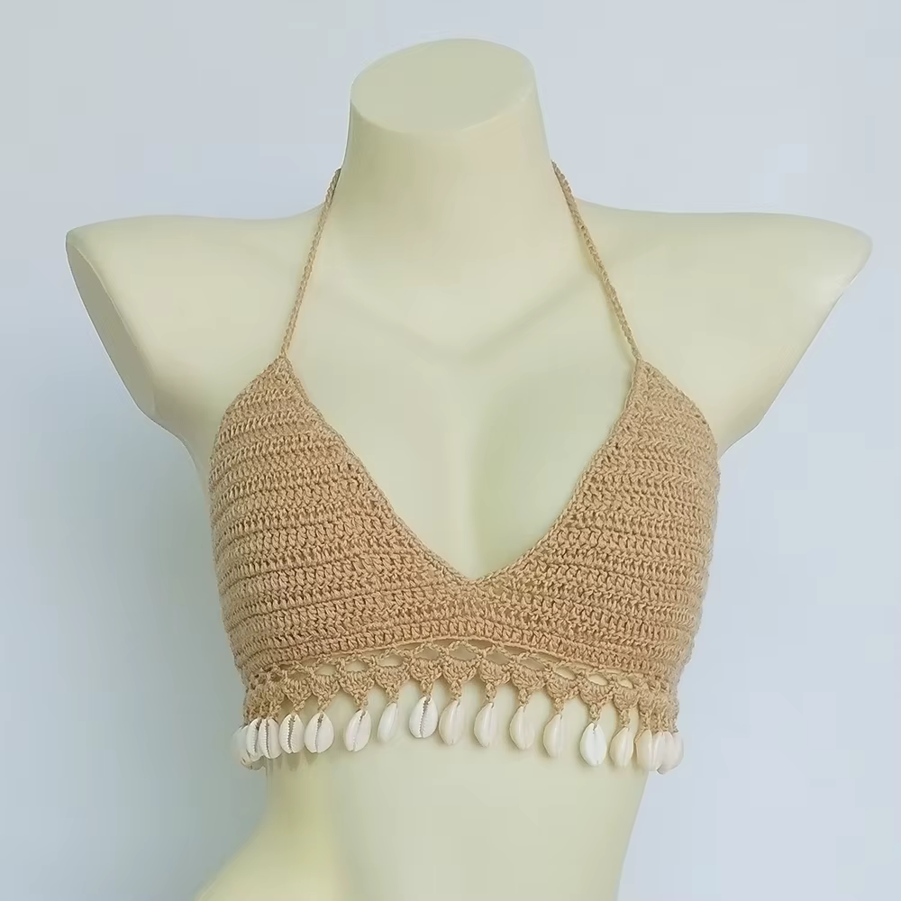Haut de bikini pour femme en crochet avec pompons coquillage, style brésilien, dos nu, 100% fait mai