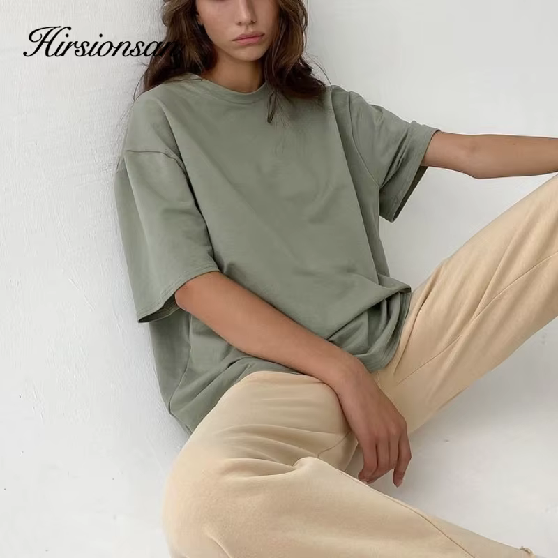 Hirsionsan-T-Shirt décontracté en coton pour femme, vêtement basique, doux, couleur unie, style Hara