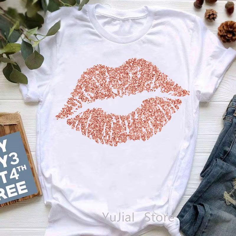 Rouge paillettes lèvres imprimer T-Shirt femmes vêtements été mode T-Shirt Femme blanc Style T-Shirt