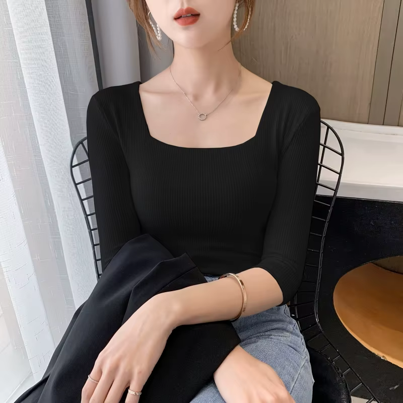 T-shirt manches mi-longues pour femmes, col carré, slim, en coton, solide, été, basique, haute élast