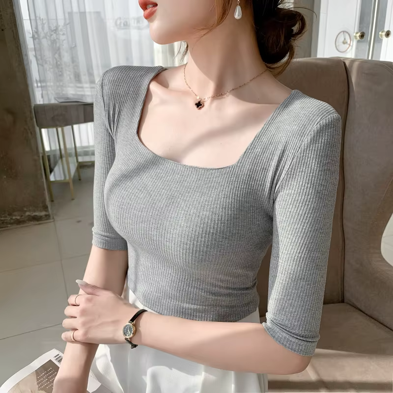 T-shirt manches mi-longues pour femmes, col carré, slim, en coton, solide, été, basique, haute élast