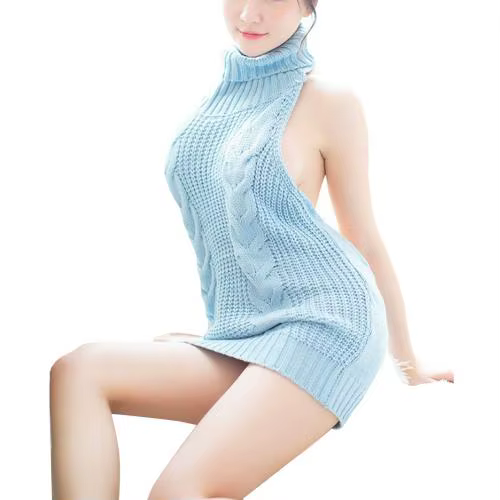 Pull Sexy dos nu pour femmes, sans manches, col roulé, robe d'automne, Cosplay, pull en tricot pour 