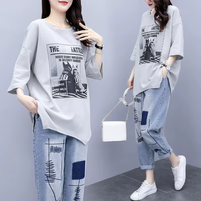 T-shirt imprimé coréen pour femme, tenue en jean femme, décontracté, trempé, nouveau, été, printemps