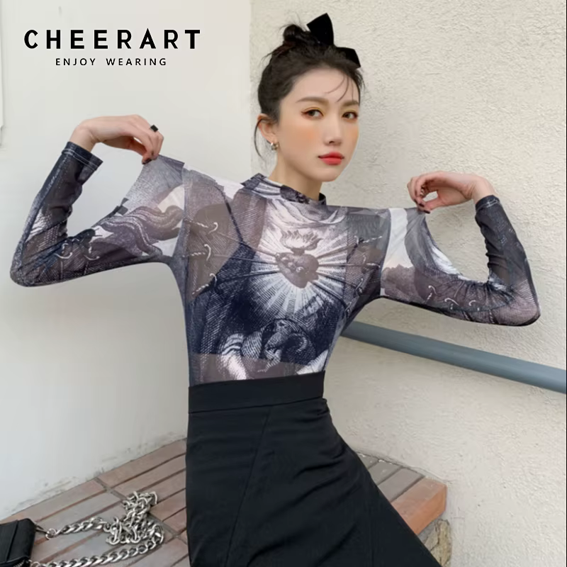 CHEERART Goth maille haut femmes tendance mode graphique t-shirts à manches longues col roulé voir à