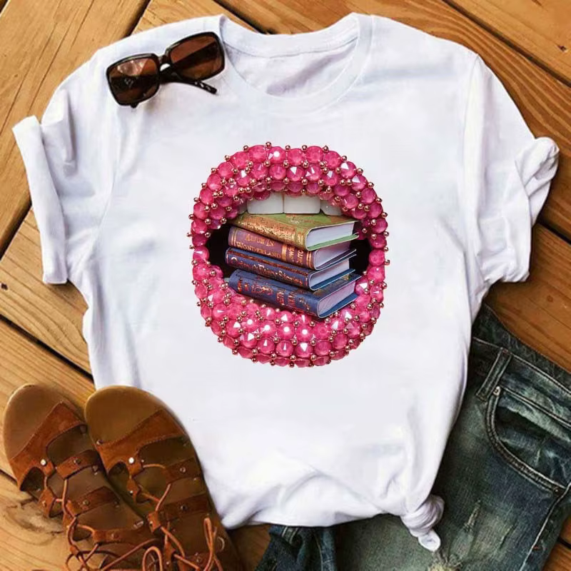 Maycaur femmes diamant lèvre graphique t-shirt mode femme hauts col rond Sexy noir t-shirts drôle dé