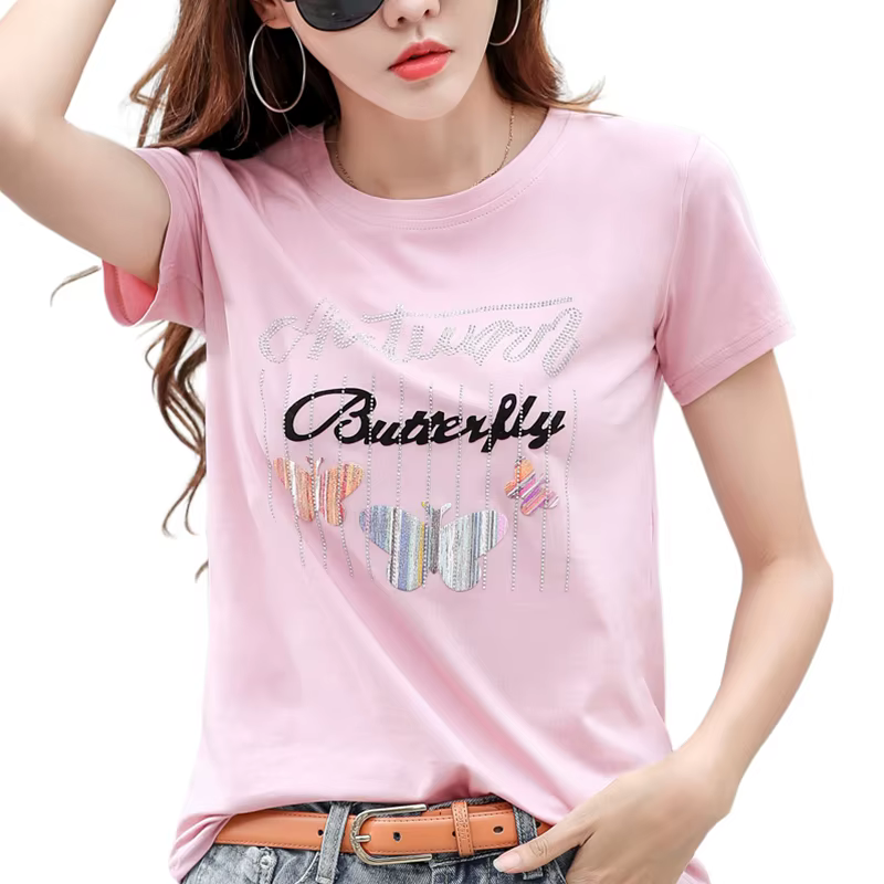 T-shirt manches courtes col rond, ample et brillant, en coton, avec lettres imprimées de papillons, 