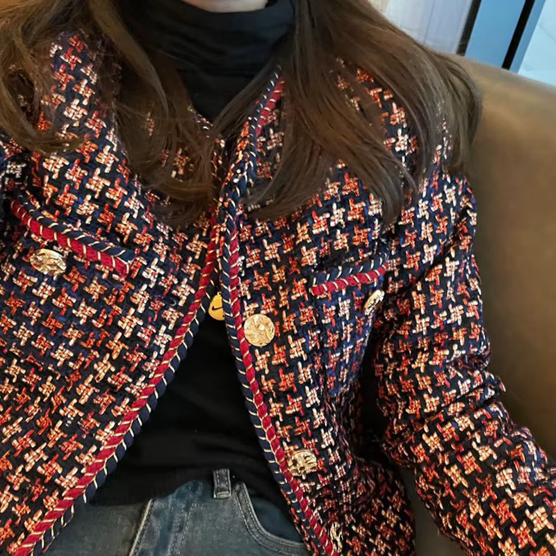 Élégant tissage Plaid femmes Blazer poche Plus velours hiver casual Tweed manteau bureau dames costu
