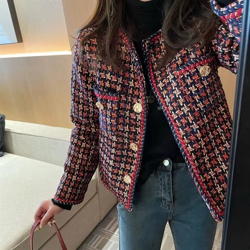 Élégant tissage Plaid femmes Blazer poche Plus velours hiver casual Tweed manteau bureau dames costu
