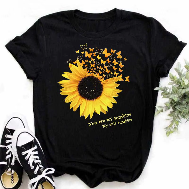 Maycaur T-shirt femme décontracté Kawaii tournesol motif papillon imprimé T-shirt confortable décont