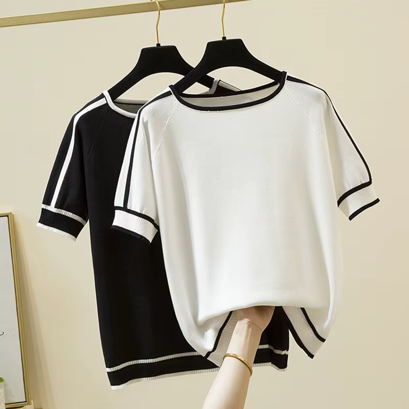 Camisetas Mujer nouveau mince tricoté T-Shirt femmes à manches courtes été hauts Femme vêtements ray
