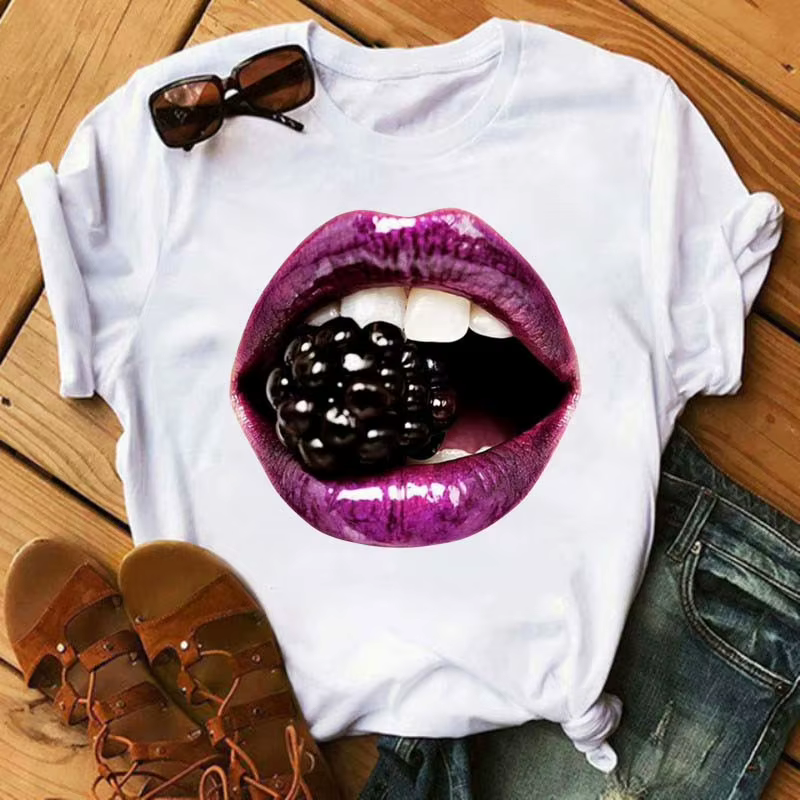 Maycaur femmes diamant lèvre graphique t-shirt mode femme hauts col rond Sexy noir t-shirts drôle dé