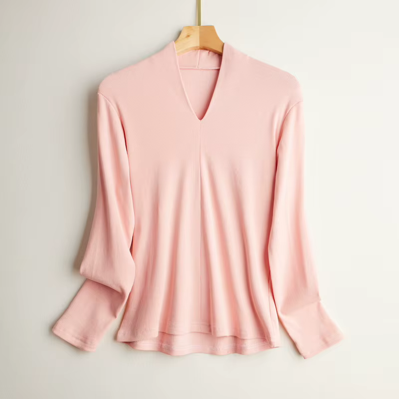 T-Shirt manches longues en soie brossée pour femme, haut moulant élastique, col en v, couleur unie