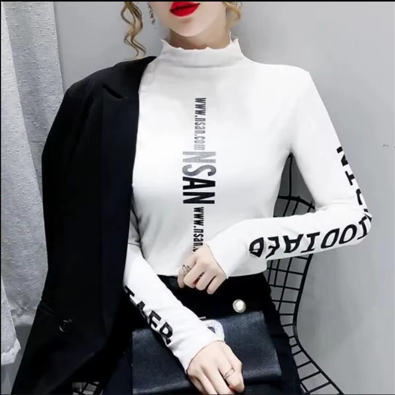 T-shirt à col mi-haut élastique pour Femme, haut chaud avec lettres imprimées, Streetwear, automne h