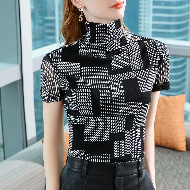 T-Shirt à Col Roulé et Manches Courtes en Maille pour Femme, Style Coréen, Simple, Décontracté, Slim