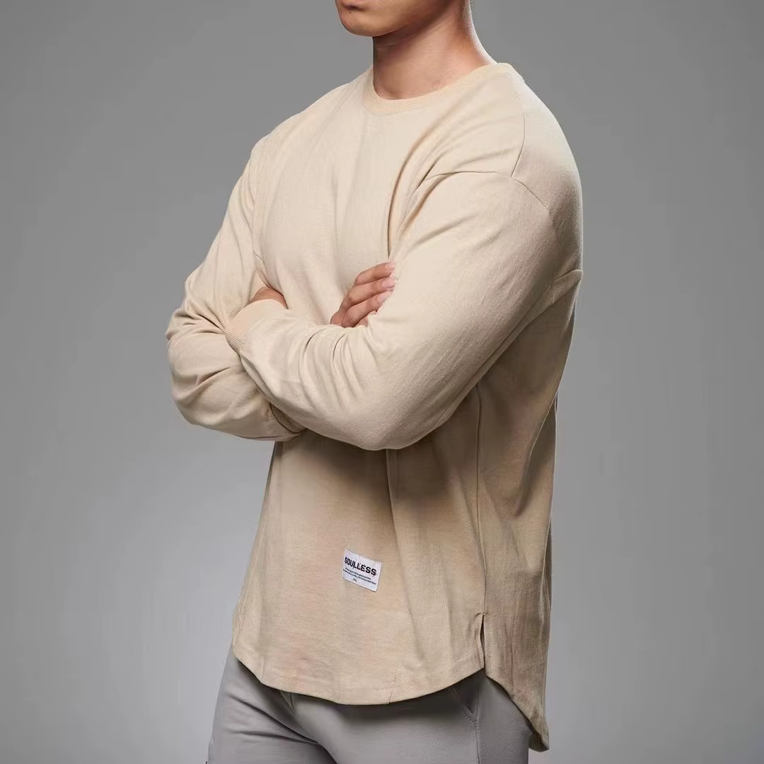 Chemises à manches longues pour hommes, T-shirt en coton solide, Ourlet incurvé, Chemise d'automne p