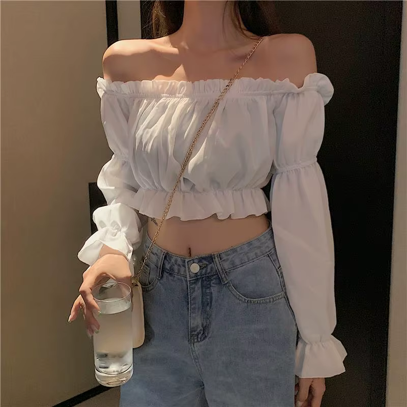 Haut court à manches longues pour femmes, chemisier Sexy, épaules dénudées, soirée en boîte de nuit,