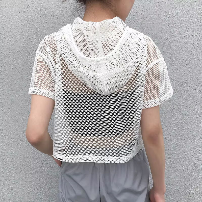 T-shirt à capuche en maille creuse pour femme, t-shirt à manches courtes, noir transparent, fête Clu
