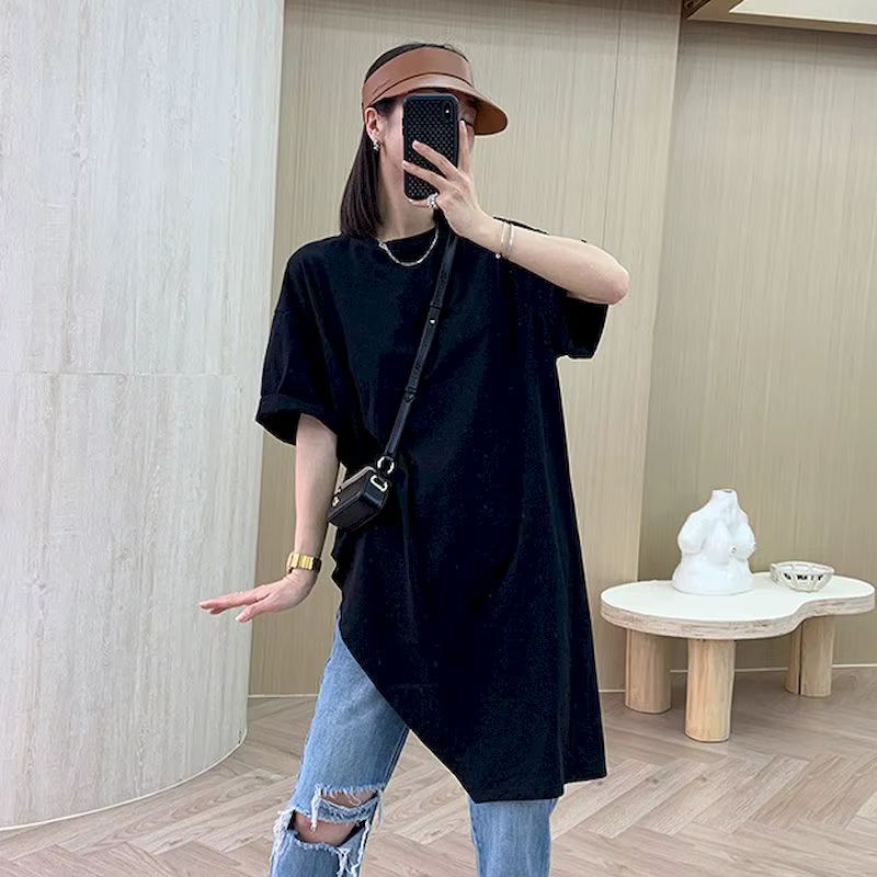 2025 été nouveau T-shirt femme 100% coton coréen irrégulier à manches courtes T-shirt jupe longue no