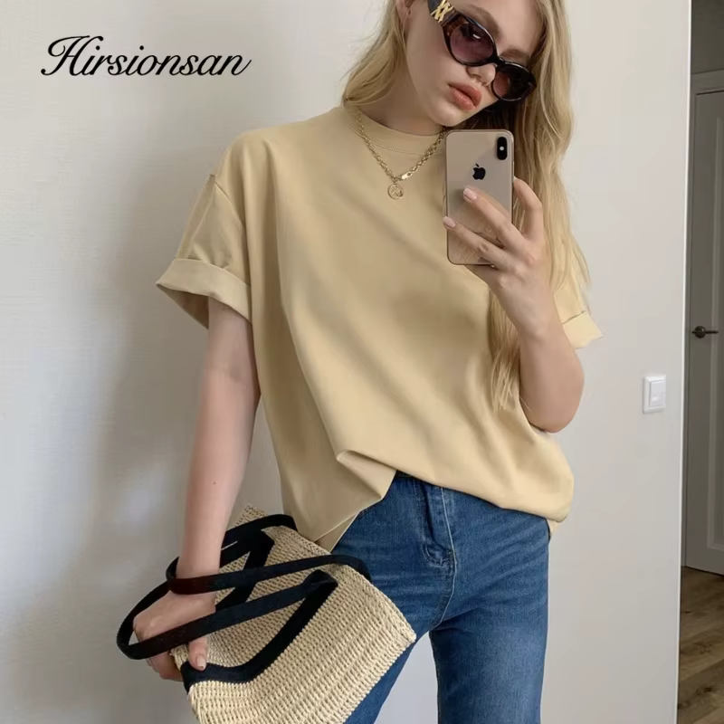 Hirsionsan-T-Shirt décontracté en coton pour femme, vêtement basique, doux, couleur unie, style Hara