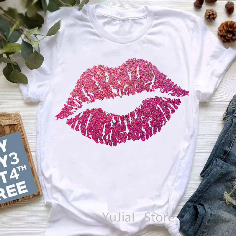 Rouge paillettes lèvres imprimer T-Shirt femmes vêtements été mode T-Shirt Femme blanc Style T-Shirt