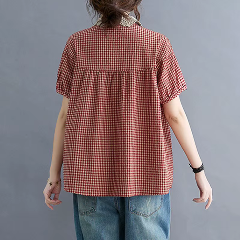 Chemises décontractées en coton et lin pour femmes, style vintage, col claudine, imprimé à carreaux,