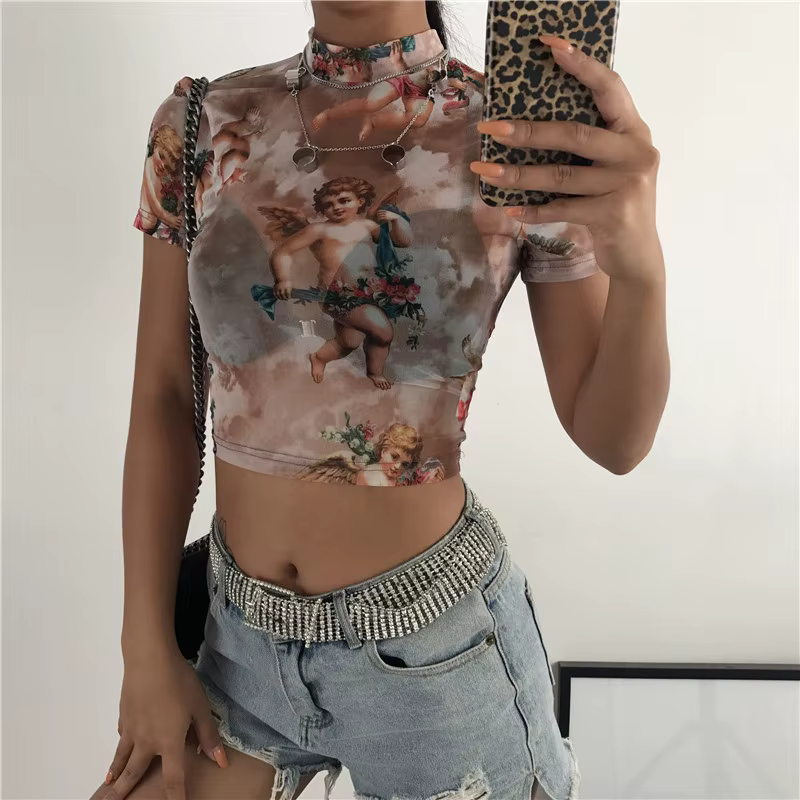 T-shirt manches courtes col montant femme, Streetwear, Harajuku, Sexy, en maille, ange imprimé, offr