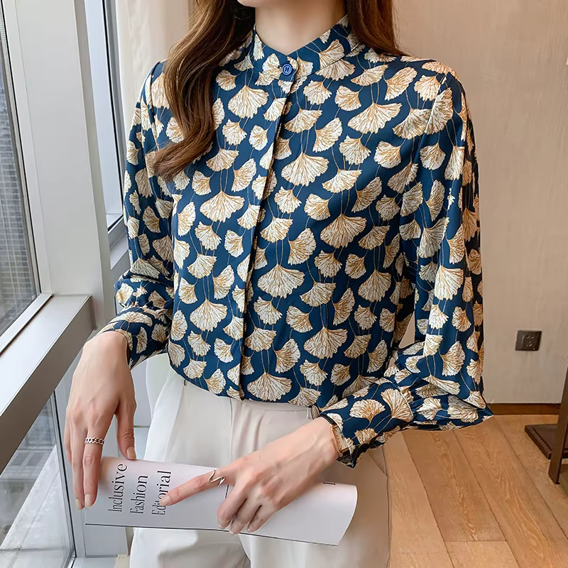 Style français femmes Blouses ginkgo imprimé dames chemises printemps automne à manches longues dess