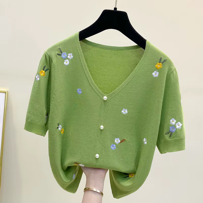 T-shirt femmes 2025 été col en v coton pull femmes broderie décontracté hauts fleur femmes vêtements