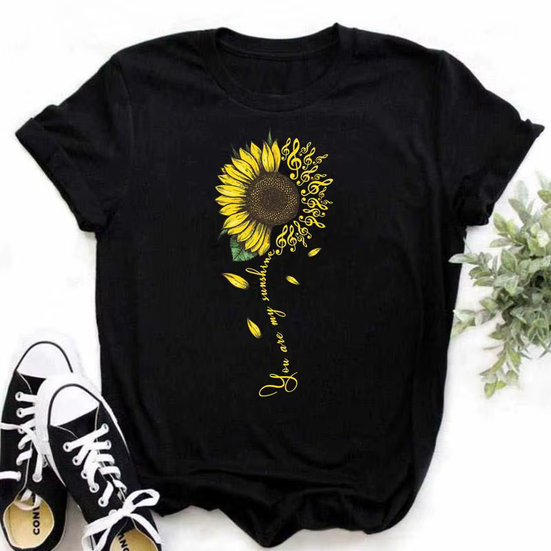 Maycaur T-shirt femme décontracté Kawaii tournesol motif papillon imprimé T-shirt confortable décont
