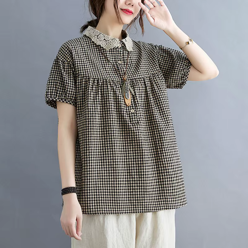 Chemises décontractées en coton et lin pour femmes, style vintage, col claudine, imprimé à carreaux,