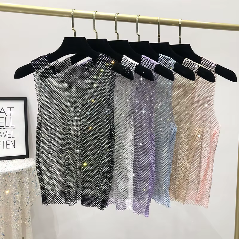 Débardeur brillant avec perles en cristal, camisole d'estampage, diamant évidé, sexy, club de fête