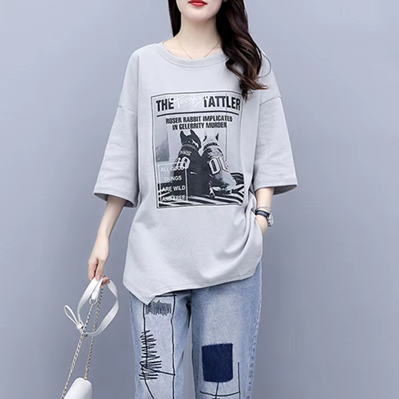 T-shirt imprimé coréen pour femme, tenue en jean femme, décontracté, trempé, nouveau, été, printemps