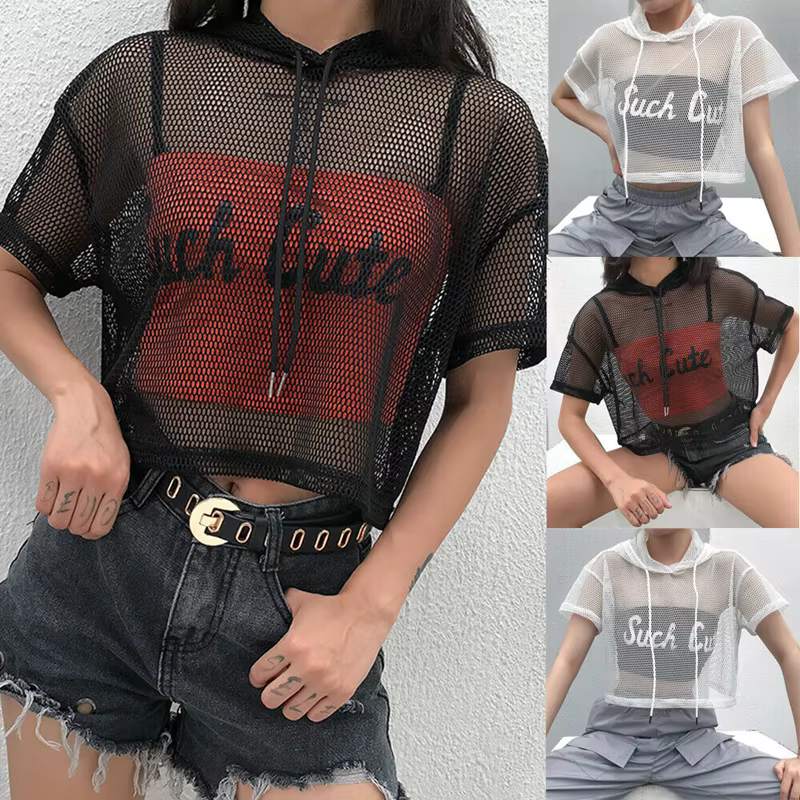 T-shirt à capuche en maille creuse pour femme, t-shirt à manches courtes, noir transparent, fête Clu