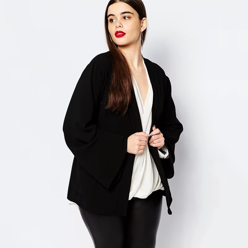 Veste noire unie à manches longues évasées pour femme, Cardigan décontracté avec poches et ceintures
