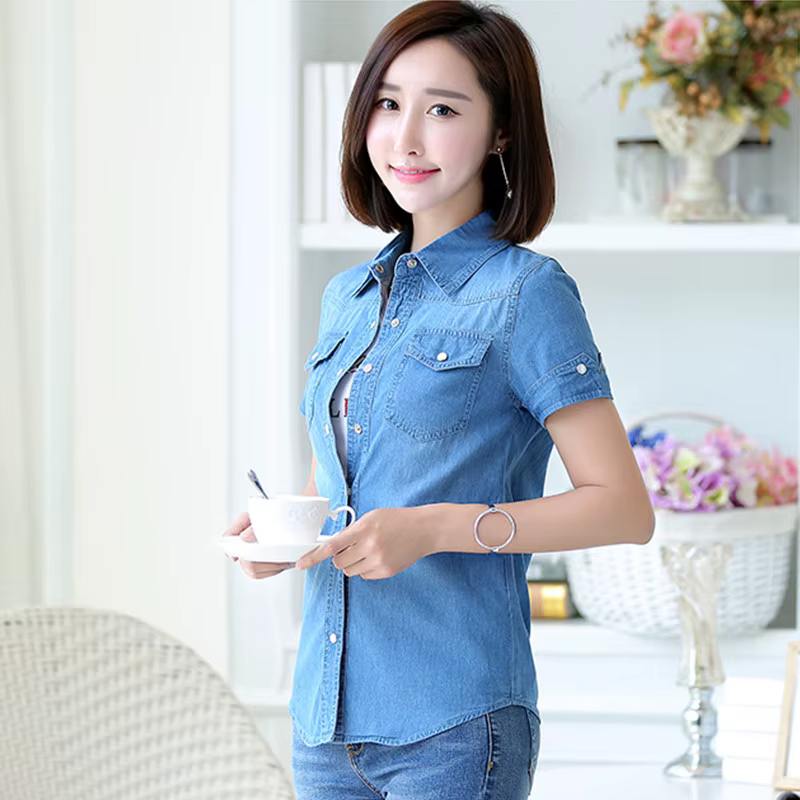 S-3XL Chemise en Denim pour Femmes été Nouvelle Mode Décontractée Manches Сourtes Вoutons Slim Tops 