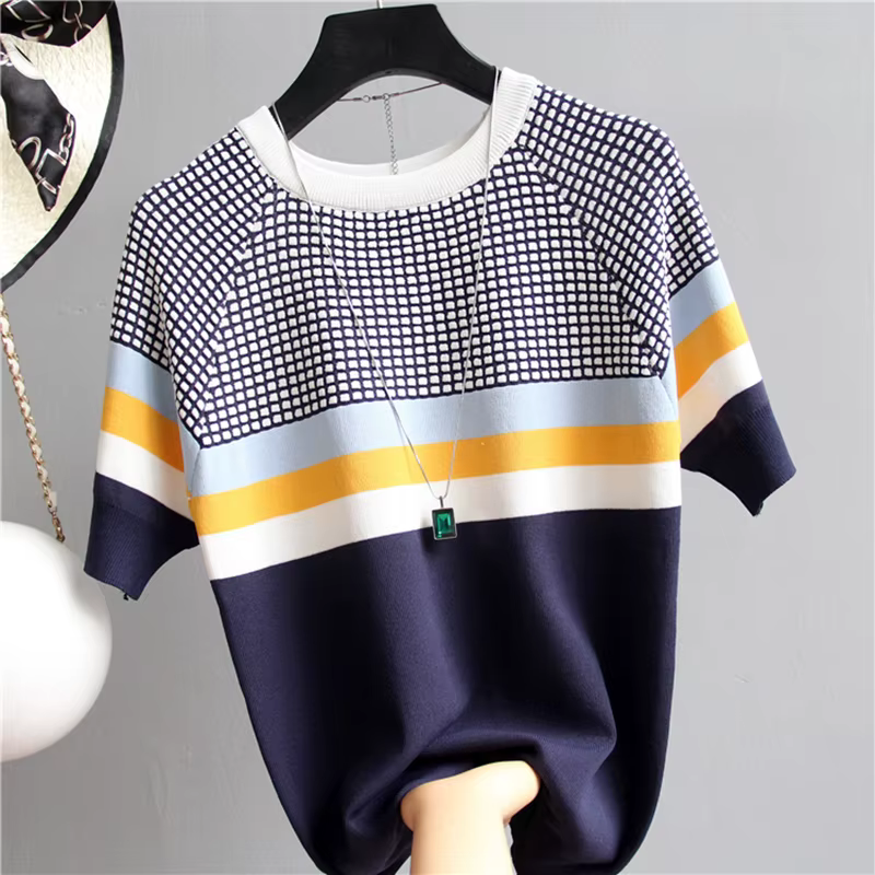 Camisetas Mujer nouveau mince tricoté T-Shirt femmes à manches courtes été hauts Femme vêtements ray