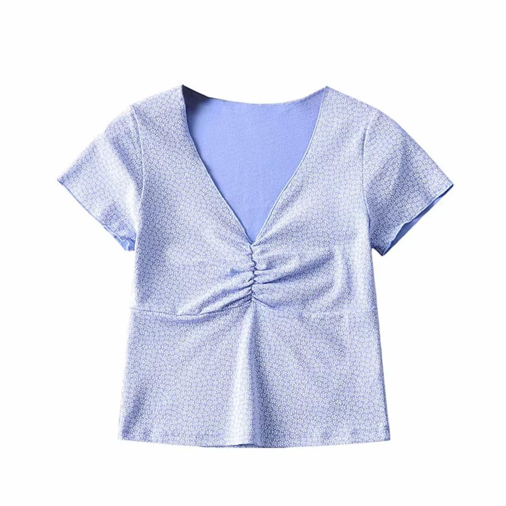 T-shirt manches courtes col en V femme, haut court, motif floral, Brandy, sexy, slim fit, été