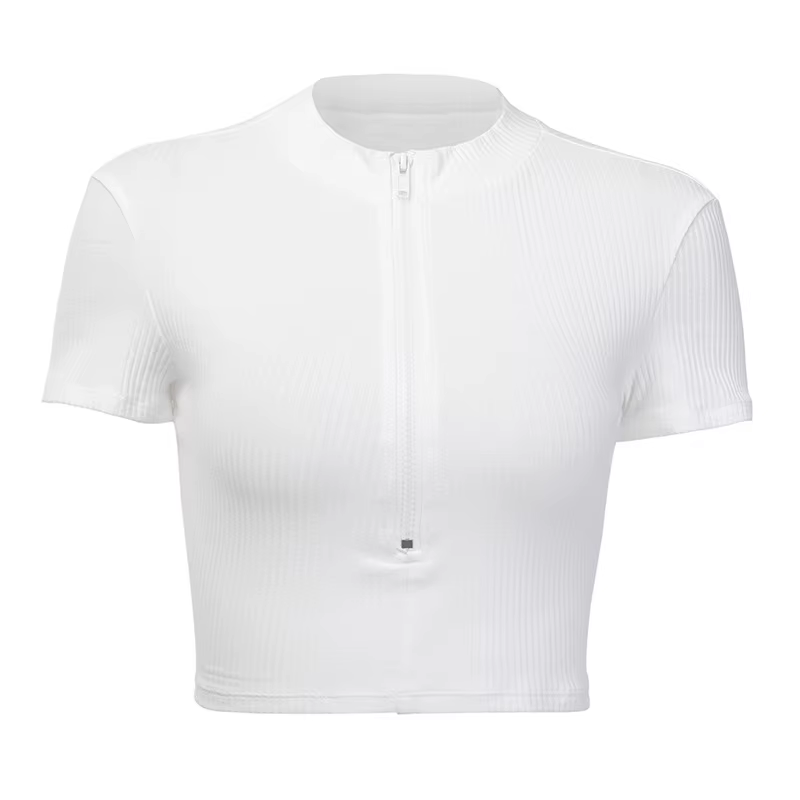 T-shirt à manches courtes pour femme, col montant, fermeture éclair, rayé, haut court, mince, solide