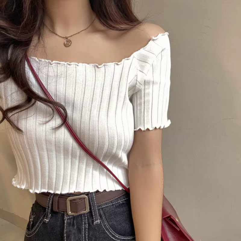 T-shirt manches courtes femme, épaules dénudées, côtelé, violet, Y2k, décontracté, slim, à volants,