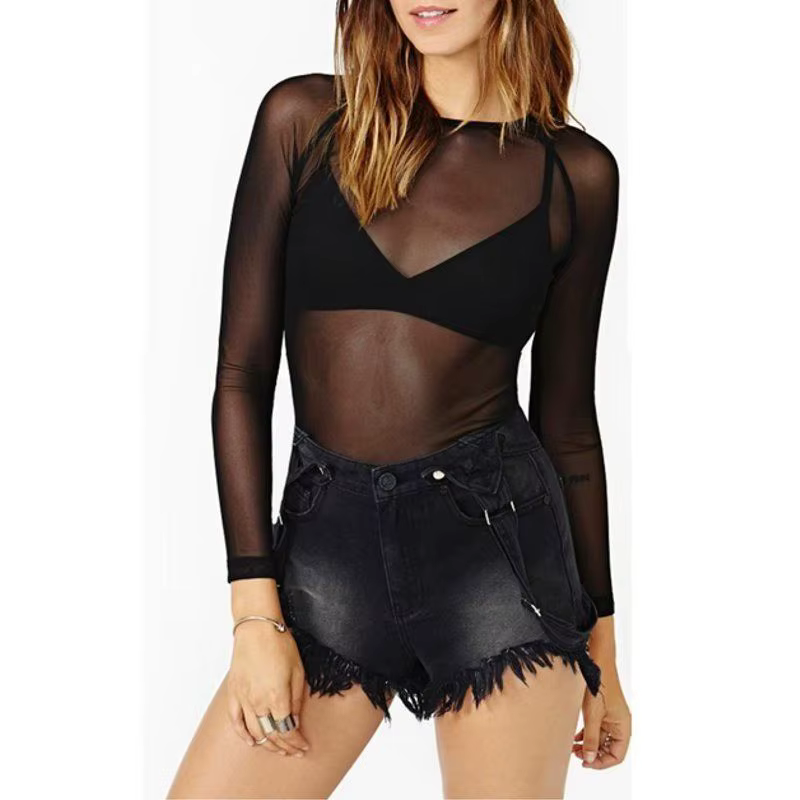 Chaud nouveau 2024 printemps été femmes à manches longues Sexy noir maille haut t-shirts Transparent