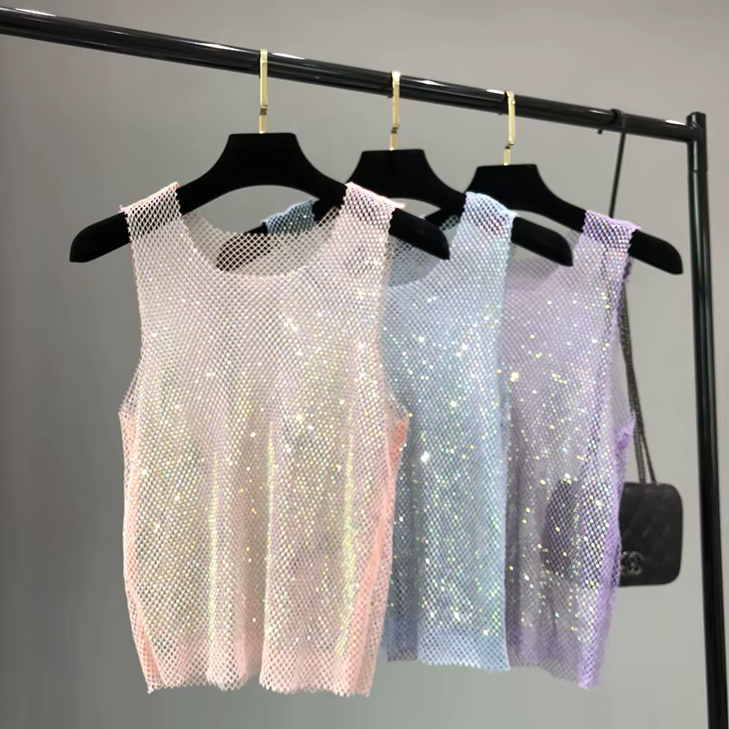 Débardeur brillant avec perles en cristal, camisole d'estampage, diamant évidé, sexy, club de fête